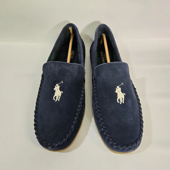 Polo Ralph Lauren Collins Suede Leather Slippers Mens 10 Navy Memory Foam NIB